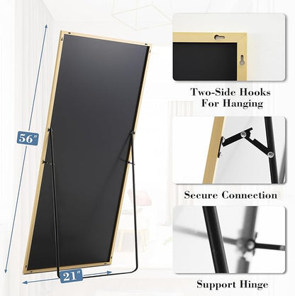 DUMOS Full Length Mirror with Stand, 56"x21" Floor Mirror with Aluminum Alloy Frame for Bedroom, Standing Full Body Mirror with Shatter-proorf Nano Glass for Wall, Living Room, Cloakroom, Gold