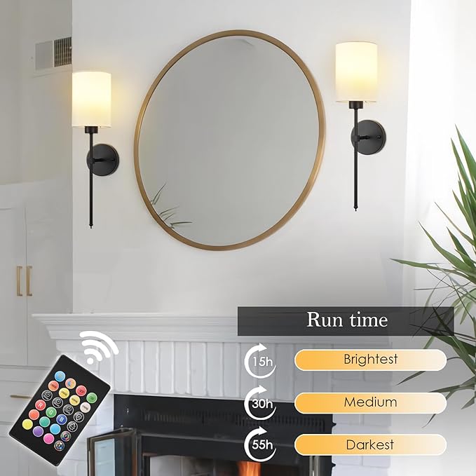 Battery Operated Wall Sconces Set of Two,Wireless Rechargeable Wall Light With Remote Control, Dimmable, Amber Light/Warm White/Natural White/Daylight/RGB, Timer,for Living Room,Bedroom,Entryway,Black