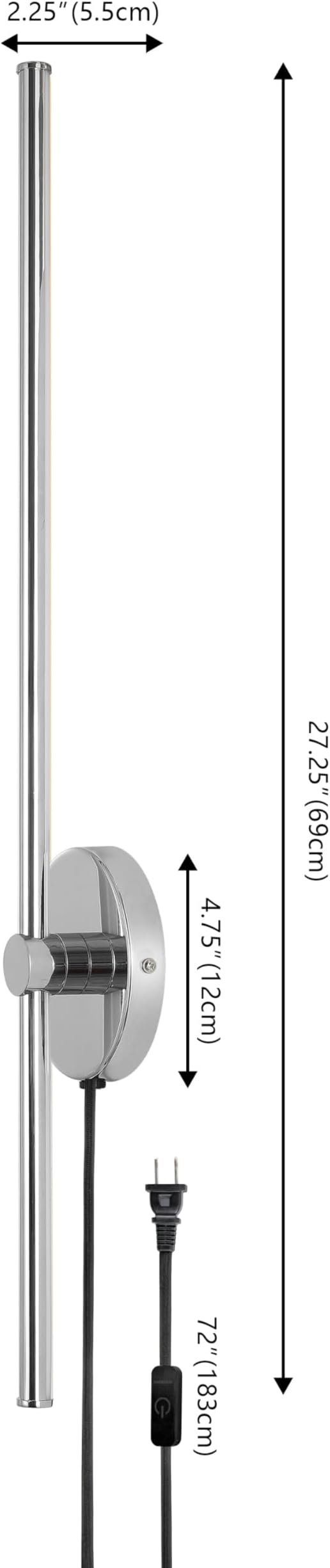 JONATHAN Y 27.25" Chrome 1-Light Modern Integrated LED Wall Sconce, Minimalist Plug-in Adjustable Bar Lamp for Bedroom Living Room, Dimmable Iron Metal Wall Light, 3000K (JYL7136C)