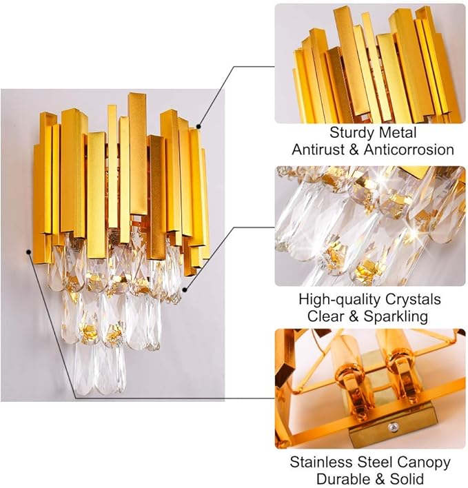 FRIXCHUR Crystal Wall Sconce Lights 3 Tiers Crystal Wall Lamp Modern Wall Lighting Fixture Bedside Night Lamp for Bedroom Bathroom Living Room Hallway,Gold,2 x E12 Base