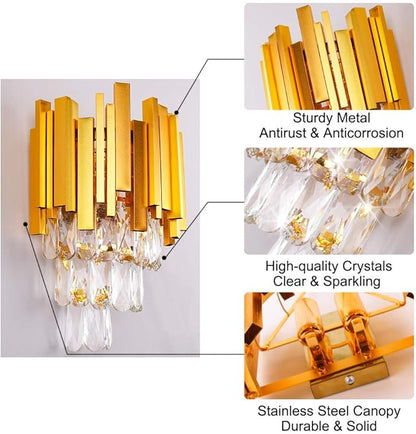 FRIXCHUR Crystal Wall Sconce Lights 3 Tiers Crystal Wall Lamp Modern Wall Lighting Fixture Bedside Night Lamp for Bedroom Bathroom Living Room Hallway,Gold,2 x E12 Base