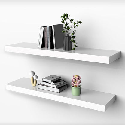 Habudda Floating Shelves for Wall, Natural Wood Shelf, 30 inch Long, White Wooden Rustic Decor for Bathroom Kitchen Bedroom, Hanging Mounted Invisible Bracket, Set of 2
