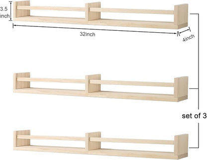 Nursery Bookshelves Wall Mounted，32inch，Set of 3, Wood Floating Wall Bookshelf for Kids,Natural Wood Color,Hanging Shelf for Baby Nursery Room Decor, Pine