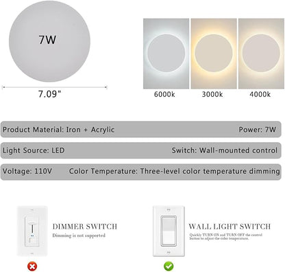 Modern Minimalist Wall Light White/Black Round Disc Wall Sconce Metal Circular Stairwell Lighting Dimmable LED Sconce for Living Room Bedroom