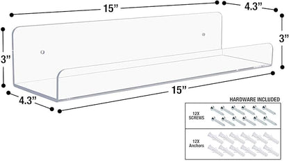 Sorbus Acrylic Wall Ledge Floating Shelf Rack Organizer, Invisible Display Style, for Books, Figurine, Picture Frame Storage, Wall Mounted Shelves for Home, Bathroom, Nail Salon, Spa (15 x 4.3 x 3'')