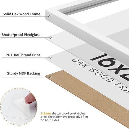 puthiac 16x24 Solid Oak Wood Picture Frame, No Mat, Wall Display Only, Vertical or Horizontal, Plexi Front, 1 Pack, White