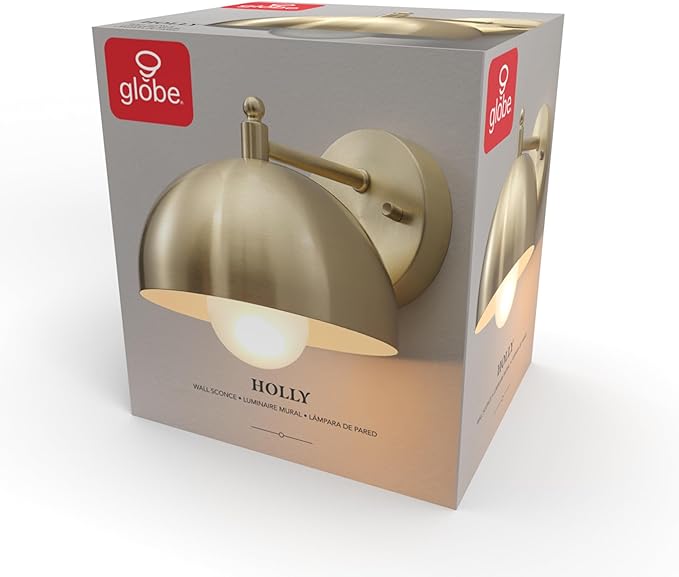Globe Electric 65000048 1-Light Wall Sconce, Brushed Brass, Wall Lights for Living Room, Bedroom, Den, Mounted Bedside Lamp, Apartment Essentials, Dimmable, Lights for Apartment and Rentals