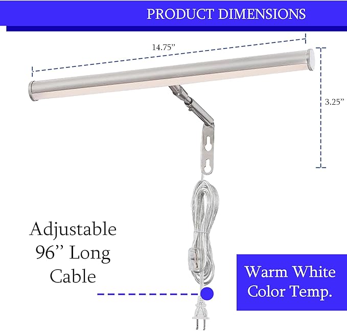 Ciata 14-Inch Picture Light with Integrated LED,3000K Warm White, 4 Watt (40W Eqv) Metal Wall Mount Artwork Display Light, CRI90, 96 in Cord Length with in-line On/Off Switch in Brushed Nickel Finish