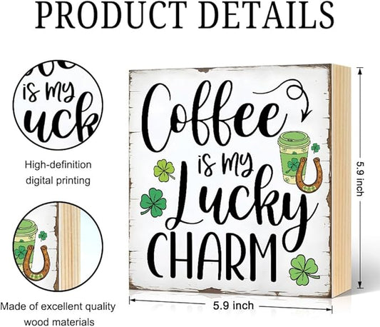 Coffee Is My Lucky Charm Wood Block Plaque Box Sign for Home Living Room Coffee House Bar Shelf Table Office Decoration, St. Patrick's Day Decor Gifts for Men Women Friend Family