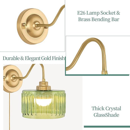 Vintage Plug in Wall Sconces Dimmable Wall Sconces of Two,Wall Lamps with Plug in Cord & Flower Glass Lampshade,Gold Sconces Wall Decor Set of 2 Plug in Wall Lights Sconces for Bedroom