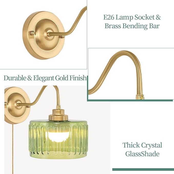 Vintage Plug in Wall Sconces Dimmable Wall Sconces of Two,Wall Lamps with Plug in Cord & Flower Glass Lampshade,Gold Sconces Wall Decor Set of 2 Plug in Wall Lights Sconces for Bedroom