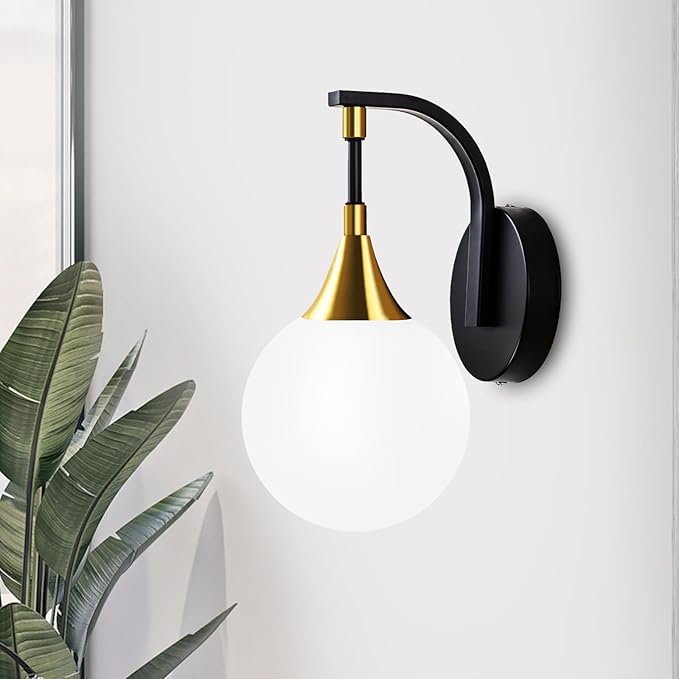 1-Light Bathroom Wall Sconce Light,Black and Gold Vanity Lighting with White Milk Globe Glass Shade, Vintage Wall Light Fixture Wall Lamp Wall Mount Light for Bedroom Hallway