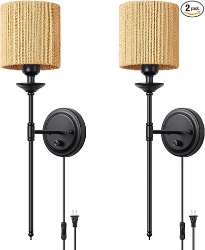 Rattan Plug in Wall Sconces Set of 2, Dimmable Vintage Black Wall Light with Dimmer Switch 6.5ft Electric Cord Wall Lamp for Bedroom Bedside Living Room ﻿