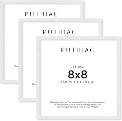 puthiac 8x8 Solid Oak Wood Picture Frame, Fits 4x4 with Mat or 8x8 Without Mat, Wall or Tabletop Display with Stand, Plexi Front, 3 Pack, White