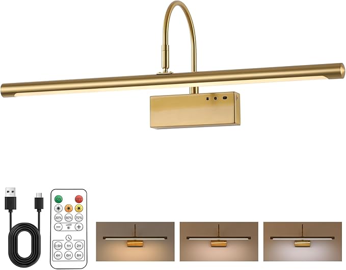 Battery Operated Picture Light with Remote, 24 inch Wireless Rechargeable Art Light with Timer, Dimmable 3CCT Gallery Lighting for Paintings, Portraits, and Canvas (Brass, 23.6inch)