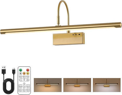 Battery Operated Picture Light with Remote, 24 inch Wireless Rechargeable Art Light with Timer, Dimmable 3CCT Gallery Lighting for Paintings, Portraits, and Canvas (Brass, 23.6inch)