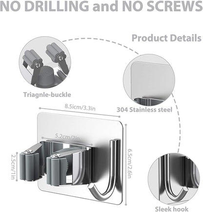 Mop Broom Holder No Drill, Mop Broom Organizer Wall Mounted Heavy Duty with Hooks Hanger, Self Adhesive Stainless Steel 6Pcs for Bathroom, Kitchen, Office (Silver)