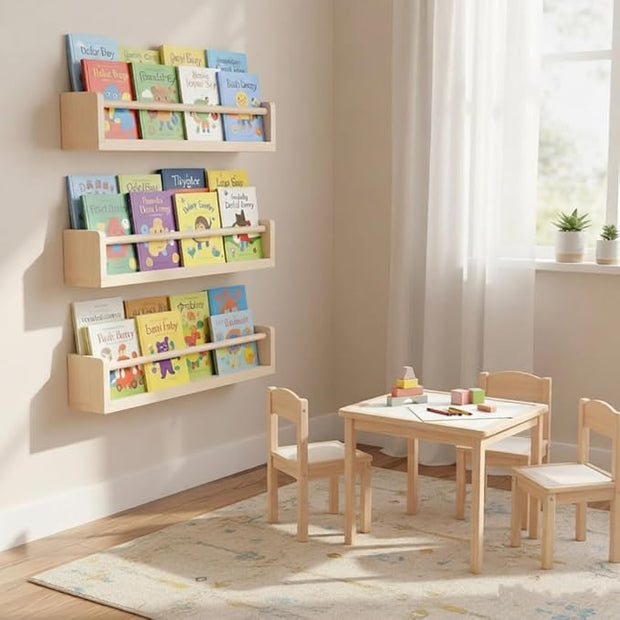 Natural Wood Nursery Floating Shelves Set of 3– Wall Mounted Kids Bookshelf & Toy Organizer – 16 Inch Rustic Pine Hanging Display Book Shelves for Bedroom, Playroom, and Baby Decor