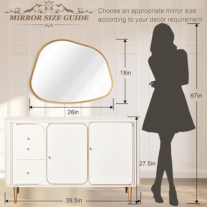 Irregular Wall Mirror, Asymmetrical Bathroom Mirror Decorative 18"x26" Gold Asymmetrical Mirrors Aviation Aluminum Alloy Frame for Bathroom, Living Room, Bedroom, Entryway