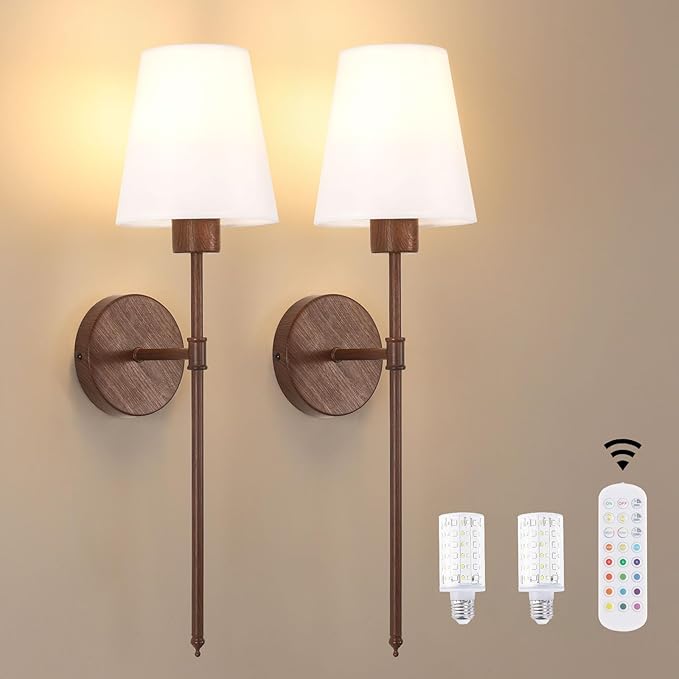 Battery Operated Wall Sconces Set of 2, Walnut Color Wall Lamp 6000 mAh Rechargeable Bulb with 12 RGB Colors Dimmable Wall Sconce for Living Room Bedroom