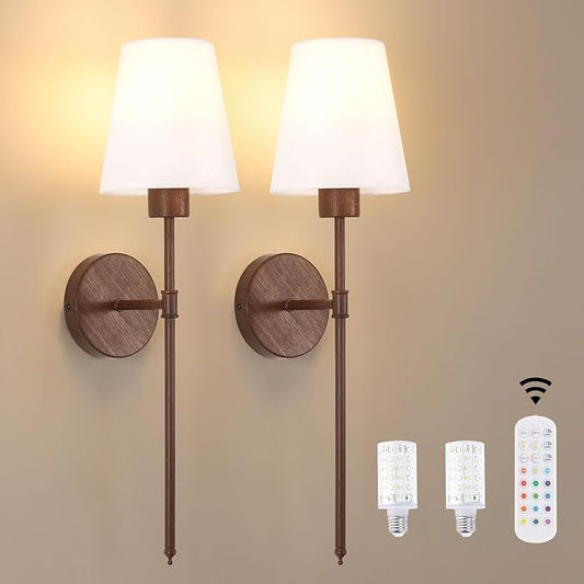 Battery Operated Wall Sconces Set of 2, Walnut Color Wall Lamp 6000 mAh Rechargeable Bulb with 12 RGB Colors Dimmable Wall Sconce for Living Room Bedroom