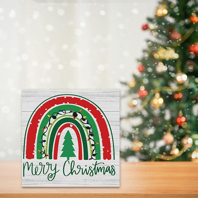 Merry Christmas Decor Christmas Teacher Sign Xmas Tree Rainbow Decor Decorations for Home Office Desk Table Cubicle Shelf Teachers Gift for Women Teacher 5 x 5 inch