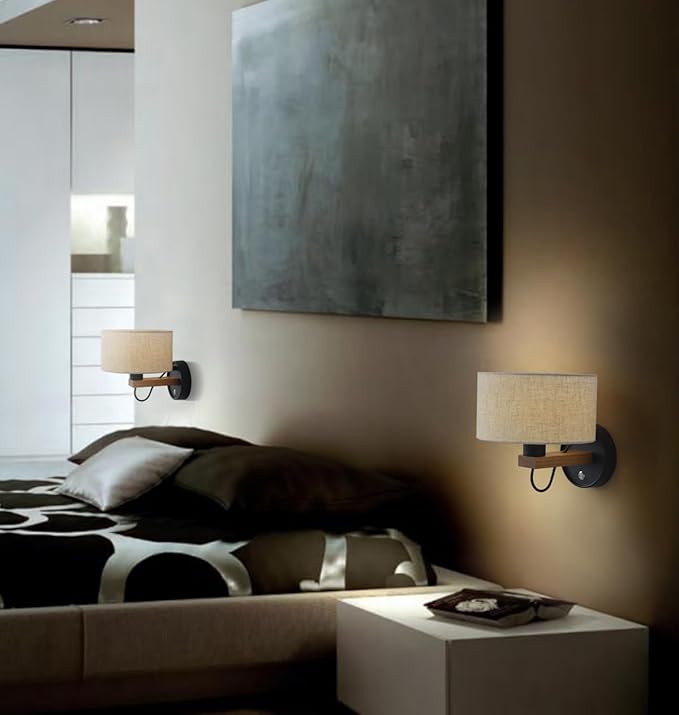 Wall Mounted Bedside Lamp,Hardwired Wall Sconce with Switch,Wall Lamps for Bedroom With Fabric Shade,Vintage Wood Wall Light E26 for Living Room,Dining Room,Hallway,Stairway,Lampara para sala de Pared