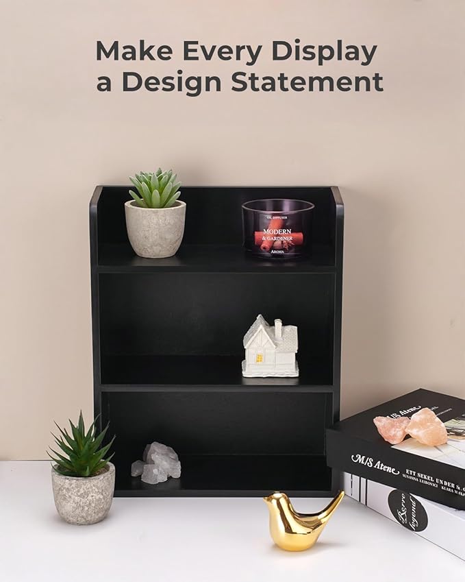 3-Tier Trinket Display Shelf for Wall or Countertop, Small Knick-Knack Rack Shelf for Collectibles, Perfume & Spice Village Organizer, Black