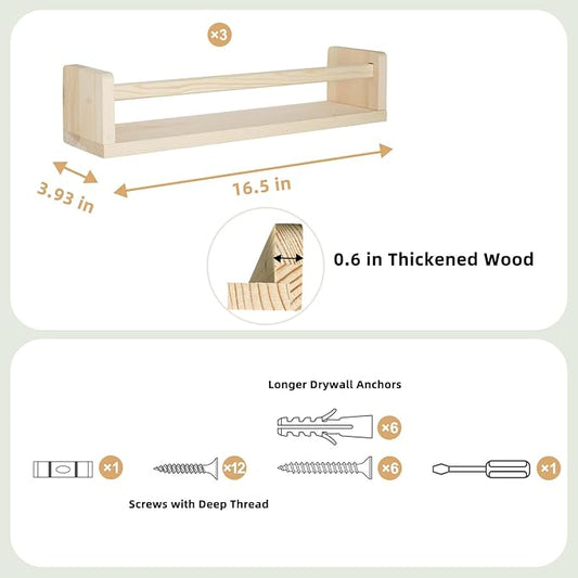 Floating Book Shelves for Wall, 16.5 inch Natural Wood Nursery Shelves for Book Storage, Solid Pine Wooden Floating Bookshelf for Bedroom Living Room, Set of 3, Unfurnished - DIY