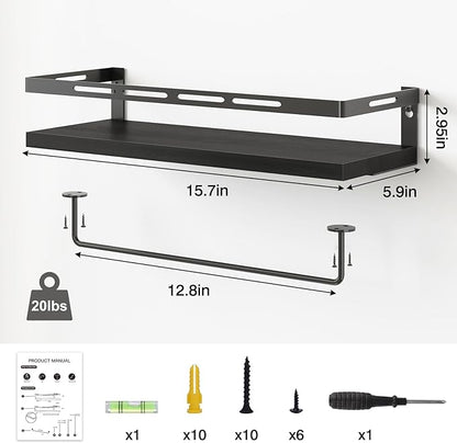 YGEOMER Floating Shelves for Bathroom Organizer Over Toilet, Wall Mounted Bathroom Shelves with Towel Bar, Wall Shelf for Bedroom Kitchen Living Room Storage (Black-Black)
