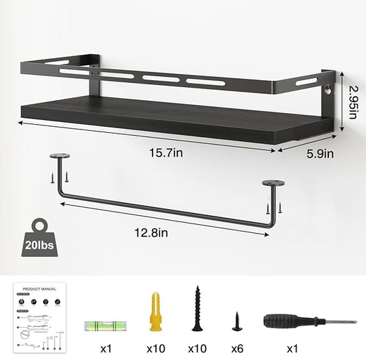 YGEOMER Floating Shelves for Bathroom Organizer Over Toilet, Wall Mounted Bathroom Shelves with Towel Bar, Wall Shelf for Bedroom Kitchen Living Room Storage (Black-Black)