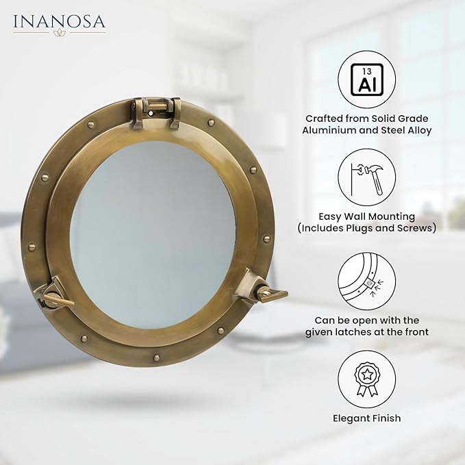 10 Inch Antique Brass Porthole Mirror – Boat Frame Port Hole Decor, Vintage Nautical Ship Mirror for Coastal Wall & Antique Decor