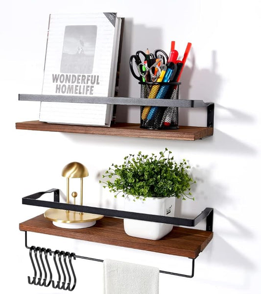 Uten Floating Shelves, Wall Shelf Outdoor, Bathroom Shelves for Wall, Towel Holder 8 Hooks, Kitchen Spice Rack, Storage Organiser Shelf for Bedroom, Bathroom, Living Room, Office