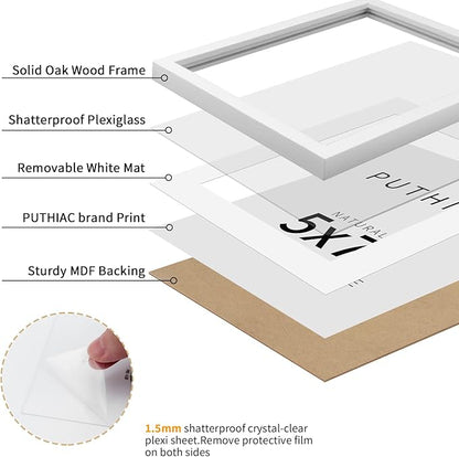 puthiac 5x7 Solid Oak Wood Picture Frame, Fits 4x6 with Mat or 5x7 Without Mat, Wall or Tabletop Display with Stand, Vertical or Horizontal, Plexi Front, 1 Pack, White