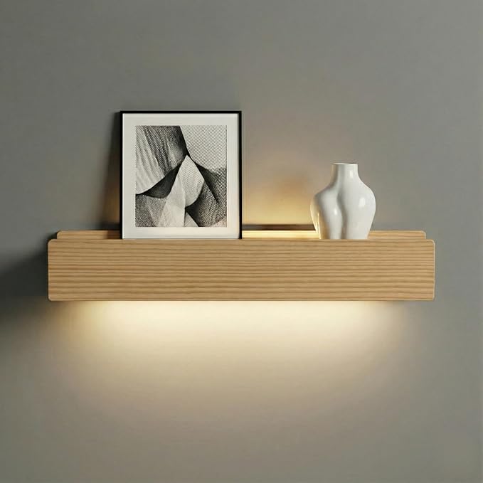 24" Natural Wood LED Floating Shelf, Heavy Duty Solid Pine Decorative Wall Mounted Shelf with Soft Ambient Lights, Minimalist Ledge for Living Room & Bedroom, Ideal for Scandinavian Home Decor