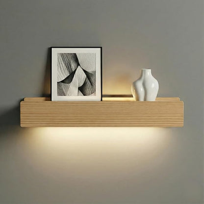 24" Natural Wood LED Floating Shelf, Heavy Duty Solid Pine Decorative Wall Mounted Shelf with Soft Ambient Lights, Minimalist Ledge for Living Room & Bedroom, Ideal for Scandinavian Home Decor