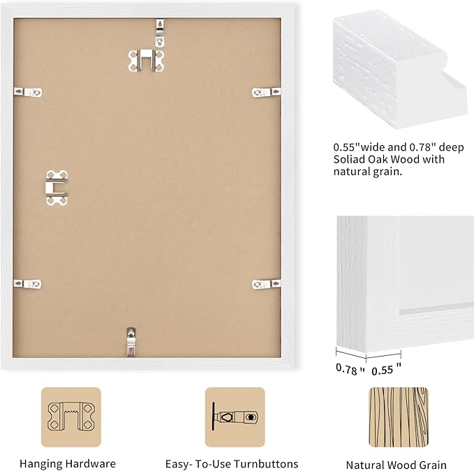 puthiac 11x14 Solid Oak Wood Picture Frame, Fits 8x10 with Mat or 11x14 Without Mat, Wall Display Only, Vertical or Horizontal, Plexi Front, 3 Pack, White