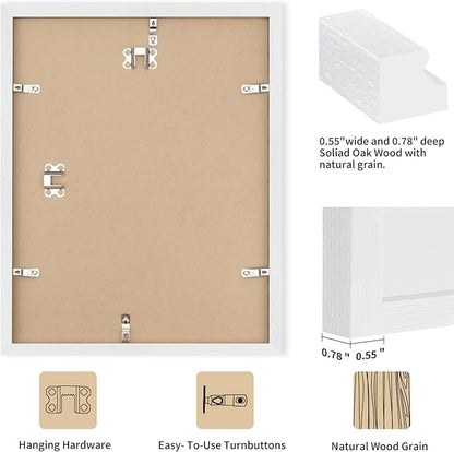 puthiac 12x16 Solid Oak Wood Picture Frame, Fits 8x12 with Mat or 12x16 Without Mat, Wall Display Only, Vertical or Horizontal, Plexi Front, 1 Pack, White