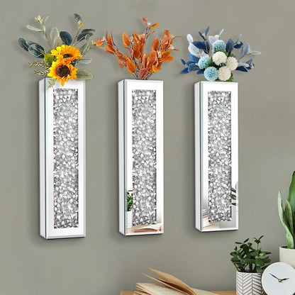 Silver wall Decor Mirrored Vase Set of 3,Crystal Crush Diamond Flower Vase,Stunning Decorative Glass Hanging Planter & Container for Home Wall Decor.Befit for Faux Plants.Can't Hold Water.