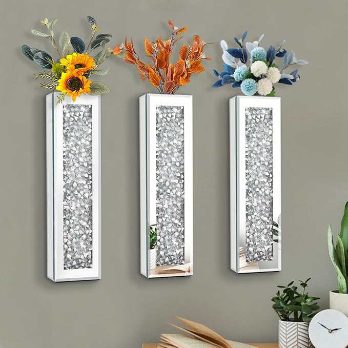 Silver wall Decor Mirrored Vase Set of 3,Crystal Crush Diamond Flower Vase,Stunning Decorative Glass Hanging Planter & Container for Home Wall Decor.Befit for Faux Plants.Can't Hold Water.