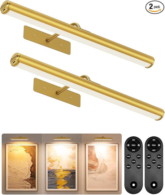EZVALO Picture Lights for Wall, 16'' Rechargeable 6000mAh Painting Lights with Remote, Wireless Dimmable 3 Color Temps Art Lights for Gallery, Living Room, Hallway (Gold, 2Pack)