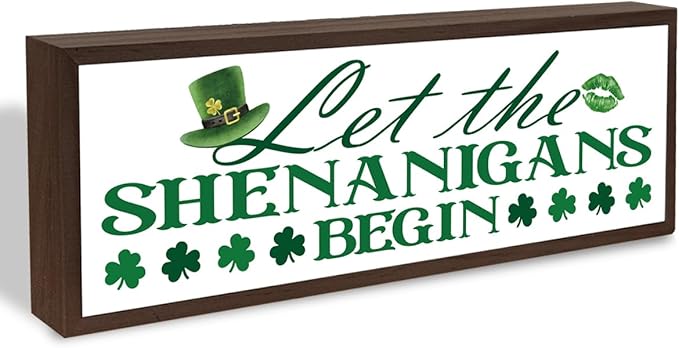 St. Patrick's Day Wooden Table Sign, Let the Shenanigans Begin Sign, Desk Decor Art, Lucky Shamrock Signs for Home Bar Club, St. Patrick's Day Party Decorations, 9.5x3.1x1 inches