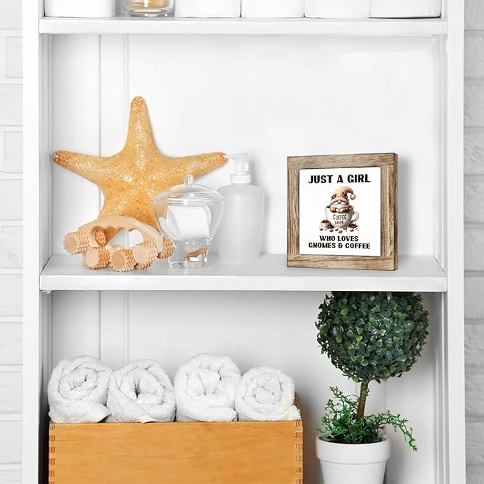 Coffee Bar Decor, Just a Girl Who Loves Gnomes & Coffee Wooden Box Sign, Funny Gnome Wooden Block Sign, Bar Decorations for Home, Rustic Wood Table Top Decor 5.9×5.9 inch