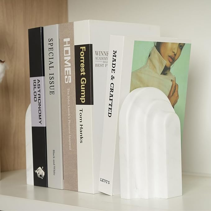 Natural Marble Book Ends - Heavy Duty Bookends for Shelves - Aesthetic Layered Arch Design Stone Book Holders, Decorative Modern Office Bookshelf Stopper Decor for Books/CDs, White