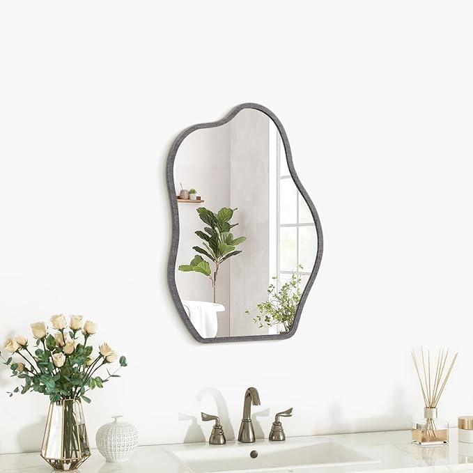 Wood Frame Mirrors Asymmetrical Irregular Wall Unique Shape Modern Wall Mounted Vanity Artistic Mirror Decorative for Living Room Bedroom Bathroom Entryway Hallway Small 14