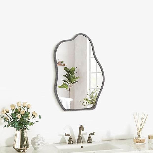 Wood Frame Mirrors Asymmetrical Irregular Wall Unique Shape Modern Wall Mounted Vanity Artistic Mirror Decorative for Living Room Bedroom Bathroom Entryway Hallway Small 14"x10"