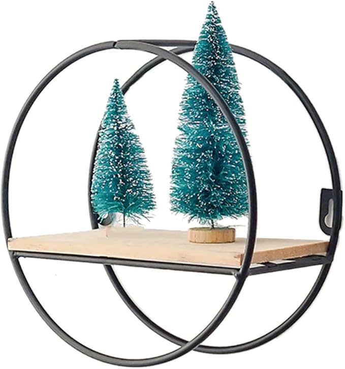 Tyenaza Floating Shelves, Wooden Iron Wall Shelf Living Room Kitchen Bathroom Elegant Exquisite Wall Mounted Storage Shelf for Kitchen Office Bathroom Organization and Home Decor (Round Black)