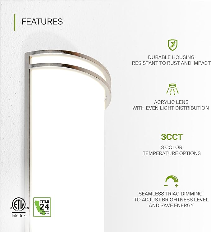 ASD LED Indoor Wall Mount Light Fixture - 14 Inch 20W Modern Interior Nickel Dimmable Wall Sconce Light - ETL 3000K 4000K 5000K Adjustable - Hallway, Bedroom LED Wall Lights, 2 Pack