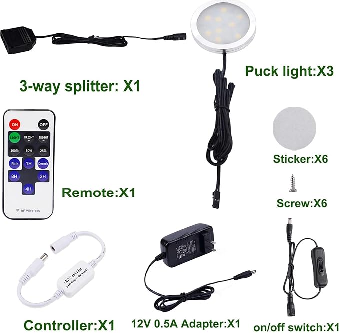 AIBOO Dimmable LED Under Cabinet Puck Lights 3 Lamps Kit with RF Remote Control for Home Kitchen Counter Lighting (Daylight White 6000K)