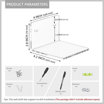 4 Inches Clear Small Wall Shelves, 4mm Thickness Acrylic Small Floating Shelf for Figures, Plants, Security Cameras, Speakers, Moisture-Proof, 2 Pack